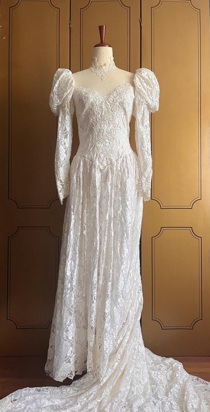 Vintage wedding gown with lace, beads, sequins and train